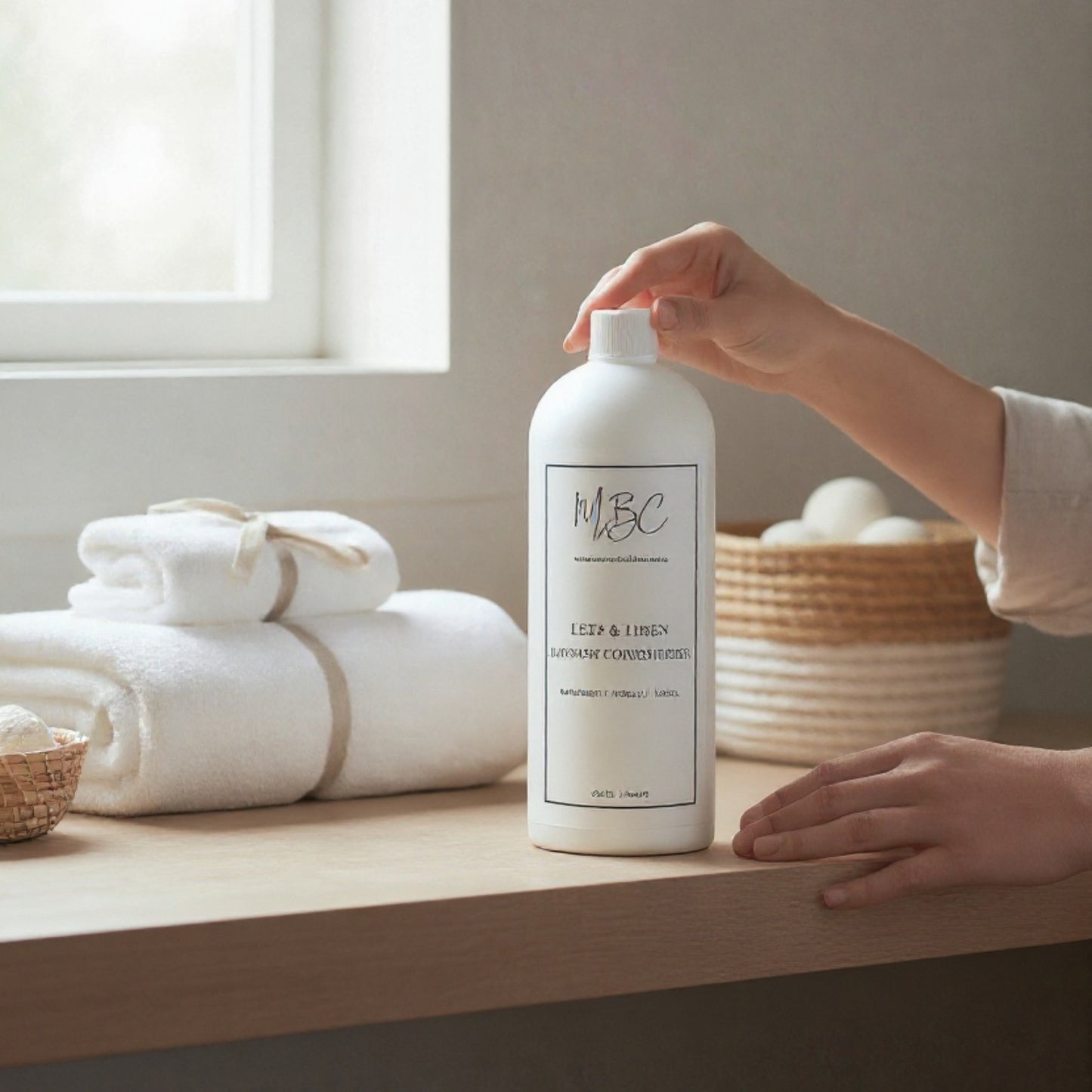 Person holding a bottle of MBC laundry detergent on a wooden surface with white towels and a basket in the background.