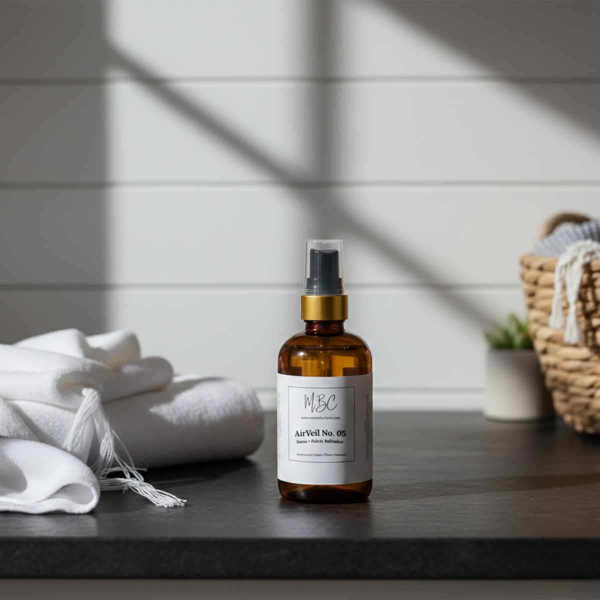Brown spray bottle with a label on a wooden surface, with white towels and a basket in the background.