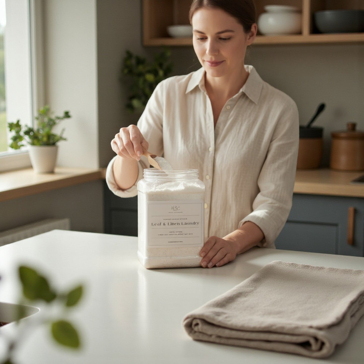 Woman pouring laundry detergent into a container on a kitchen counter
