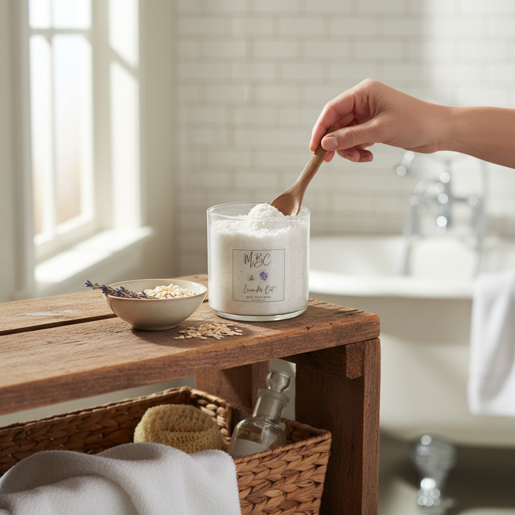 Hand scooping a jar of milk bath with a wooden spoon on a wooden surface.