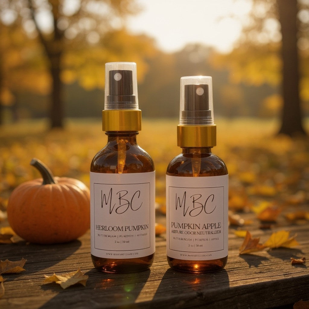 Two bottles of MBC skincare products with pumpkins and autumn leaves in the background