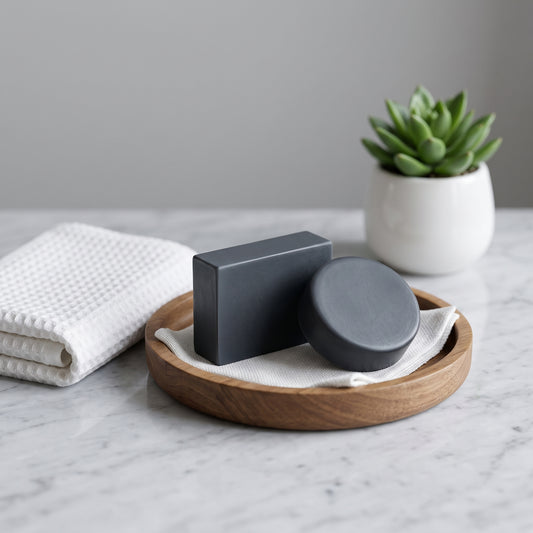 Dark gray soap bar and matching round lid resting on a small wooden tray with a folded white towel, set on a marble surface with a potted succulent in the background.