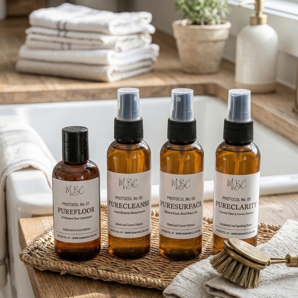 Four bottles of MBC cleaning products on a woven tray with towels and a plant in the background.