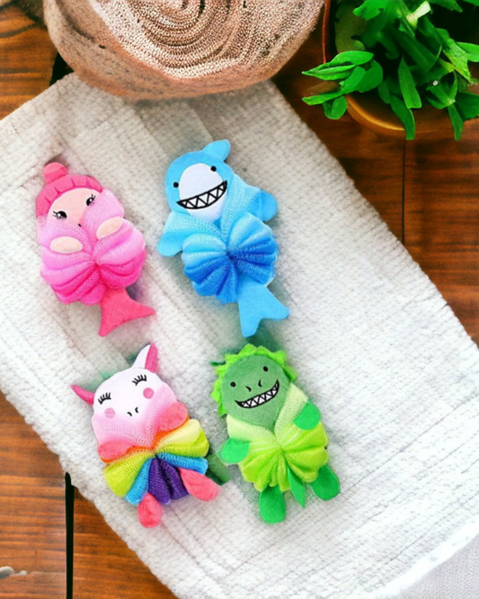 Whimsical Bath Poufs – Mermaid, Shark, Unicorn, or Crocodile
