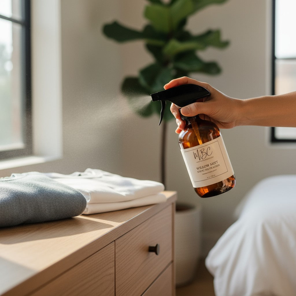 Person holding a bottle labeled MBC Willow Mist over a dresser with clothes in a bright room.