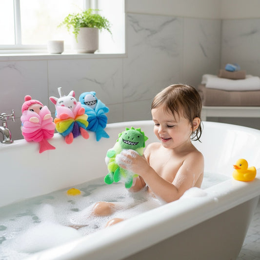 Kids Bath Poufs | Mermaid, Shark, Unicorn & Crocodile Shower Loofahs