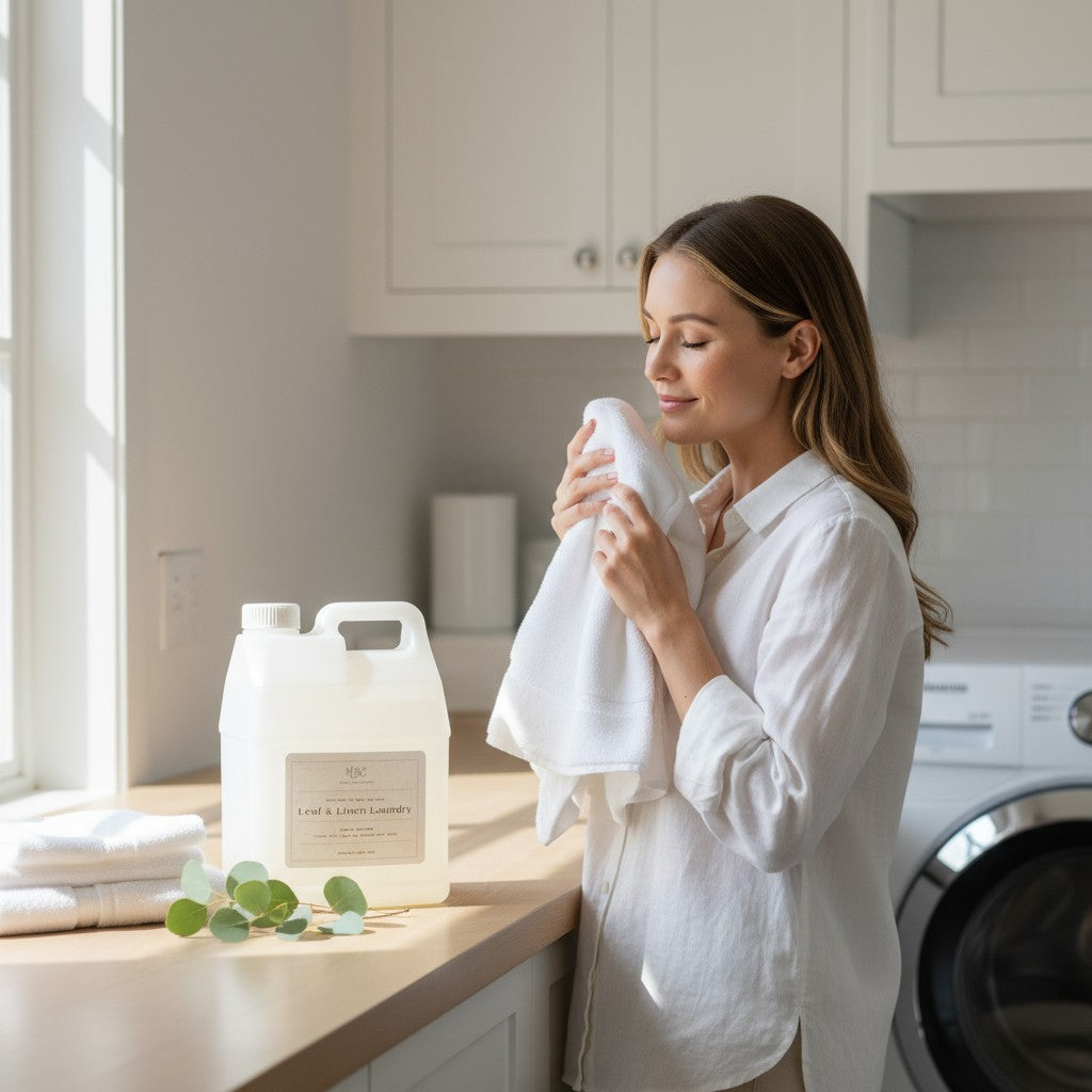Woman holding a white towel in a kitchen with leaf & linen laundry concentrate on the counter