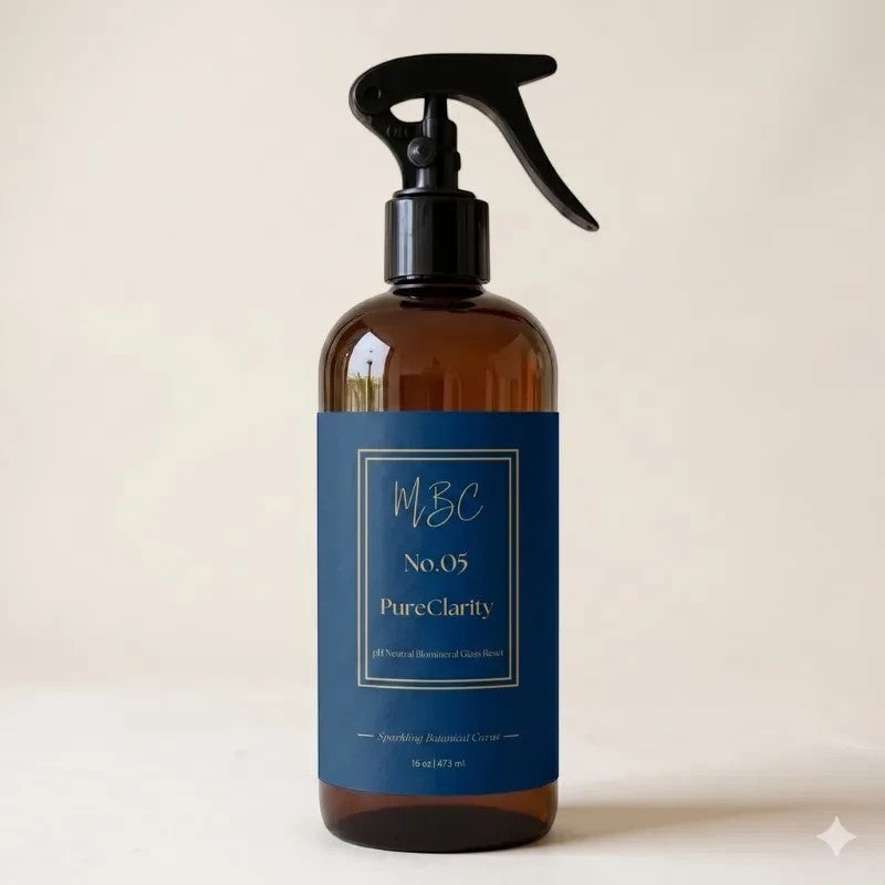 Mama Be Clean No. 05 PureClarity glass and chrome cleaner in an amber spray bottle with a dark blue label.