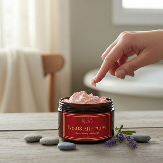 No.08 Afterglow Solar Recovery Body Butter by MBC in an 8oz amber glass jar. Lifestyle product photography featuring whipped pink cream, natural lavender accents, and a rustic wooden surface for skincare branding.