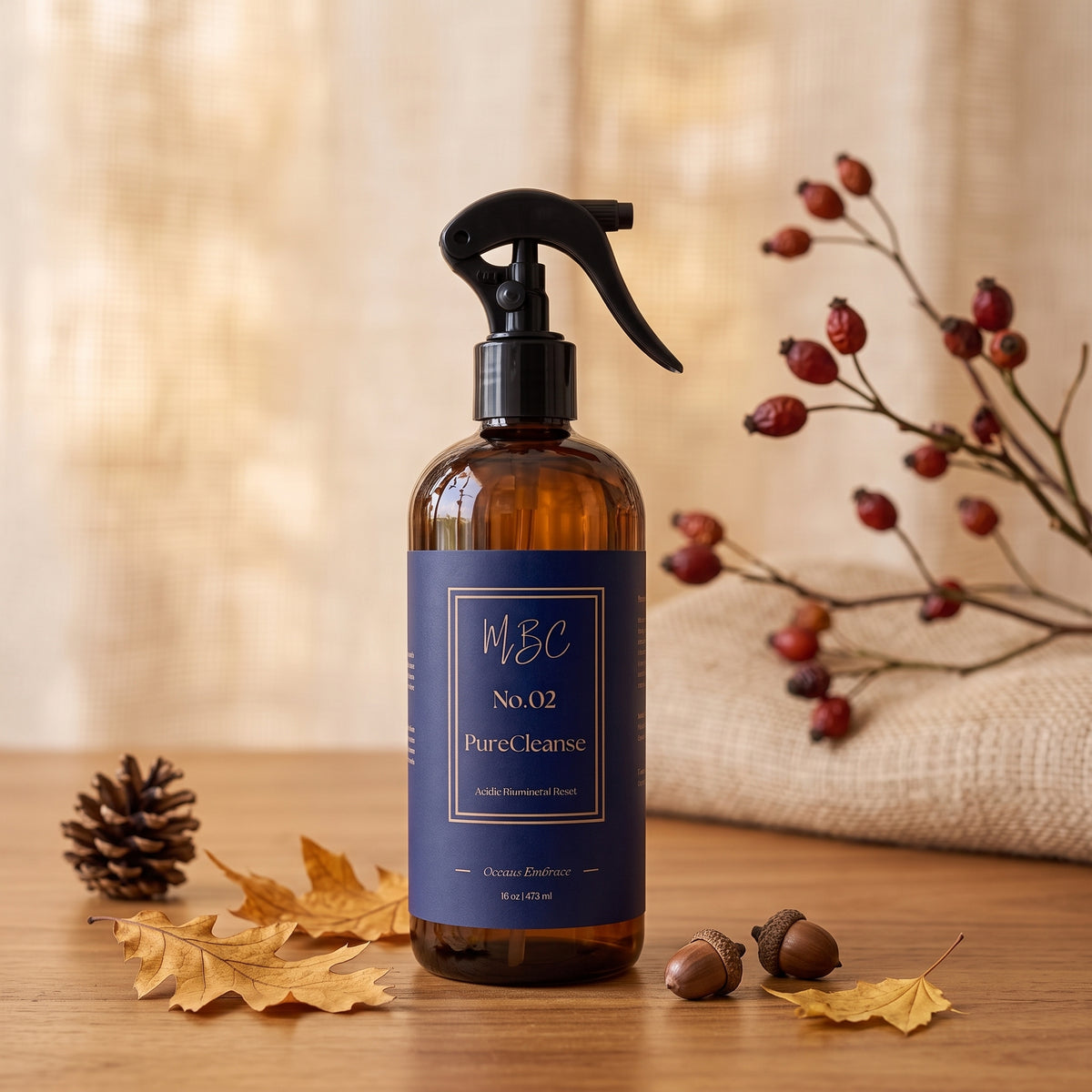 Mama Be Clean Protocol No. 02 PureCleanse degreasing and descaling elixir in a 16oz amber glass spray bottle, styled on a wood table with autumn oak leaves, acorns, a pinecone, and rosehip branches.
