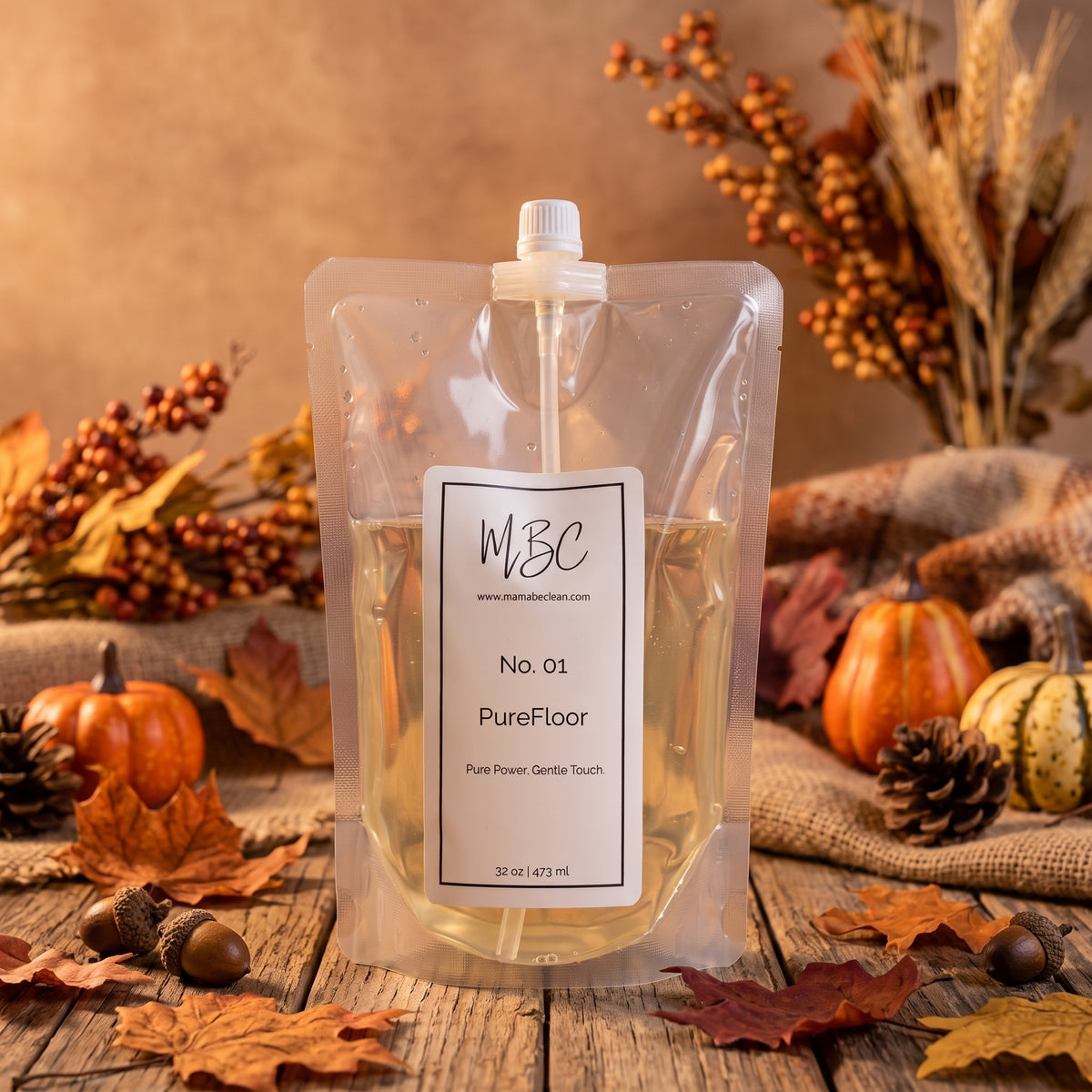 Mama Be Clean Protocol No. 01 PureFloor mop concentrate in a 32oz eco-friendly refill pouch with spout, surrounded by autumn leaves, pinecones, and mini pumpkins on a rustic wood surface.