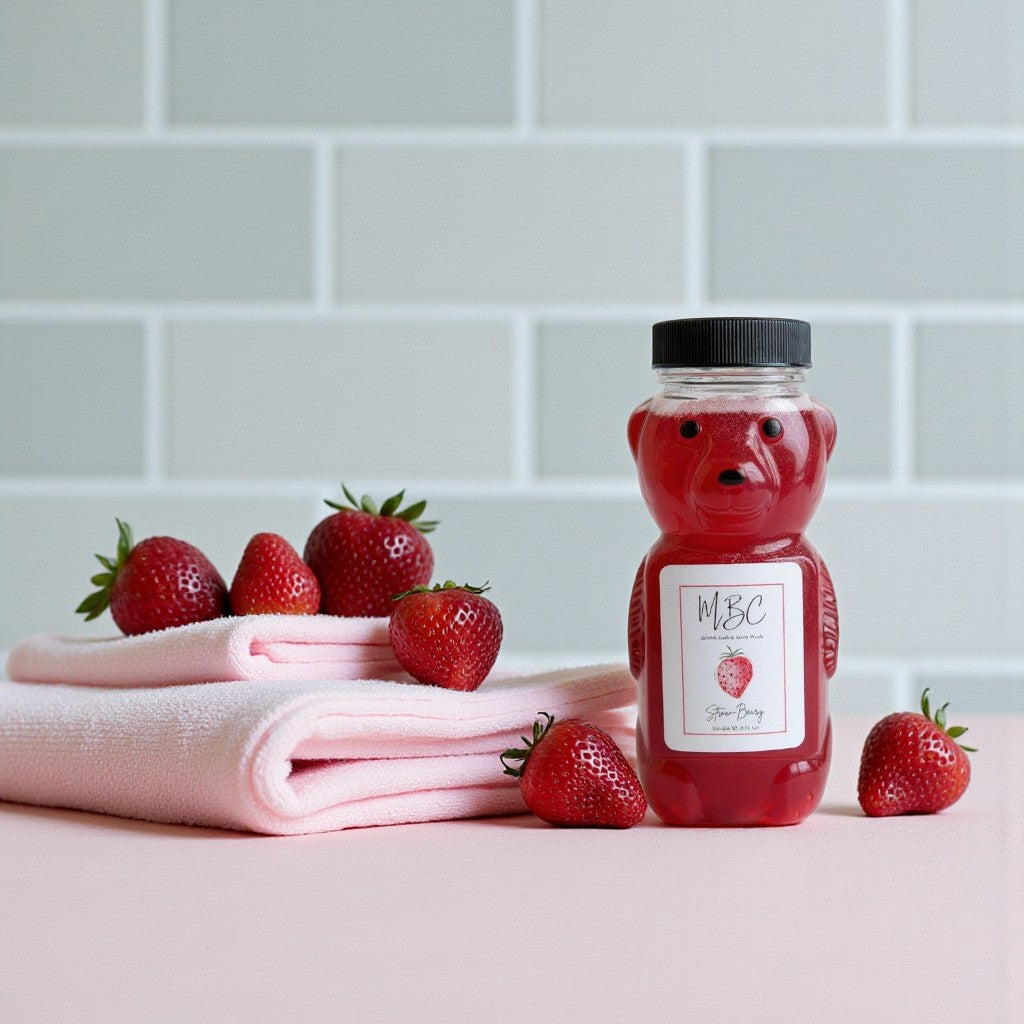 Bear shaped bubble bath bottle with strawberry scented bubble bath on a light pink surface with strawberries around