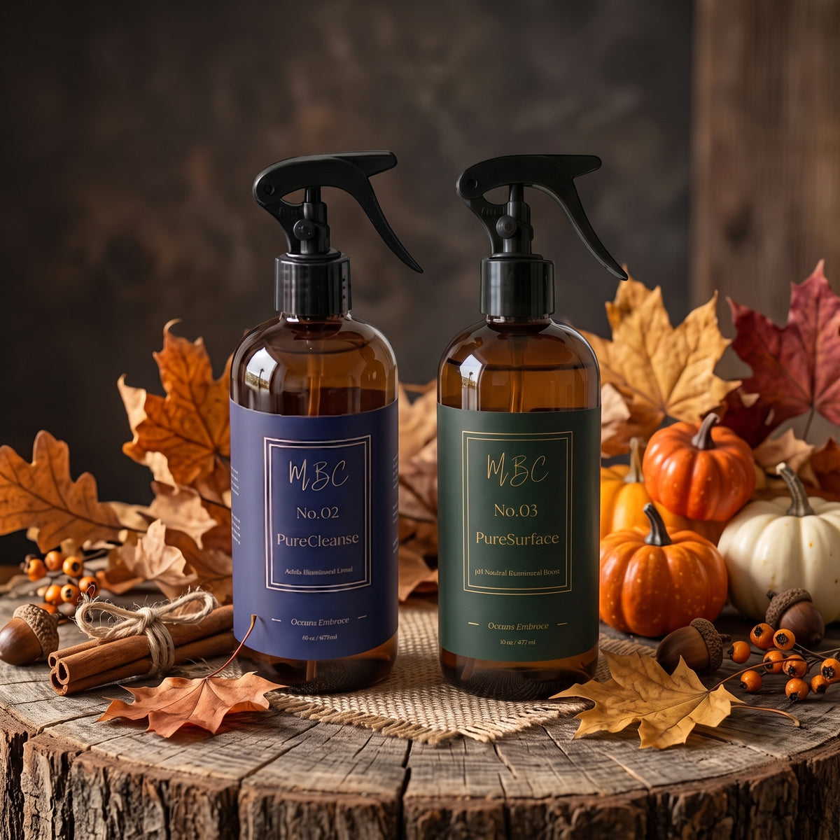 Mama Be Clean seasonal Surface Calibration Duo featuring Protocol No. 02 PureCleanse and Protocol No. 03 PureSurface in 16oz amber glass spray bottles set against a rustic fall display with leaves, pumpkins, and cinnamon sticks.