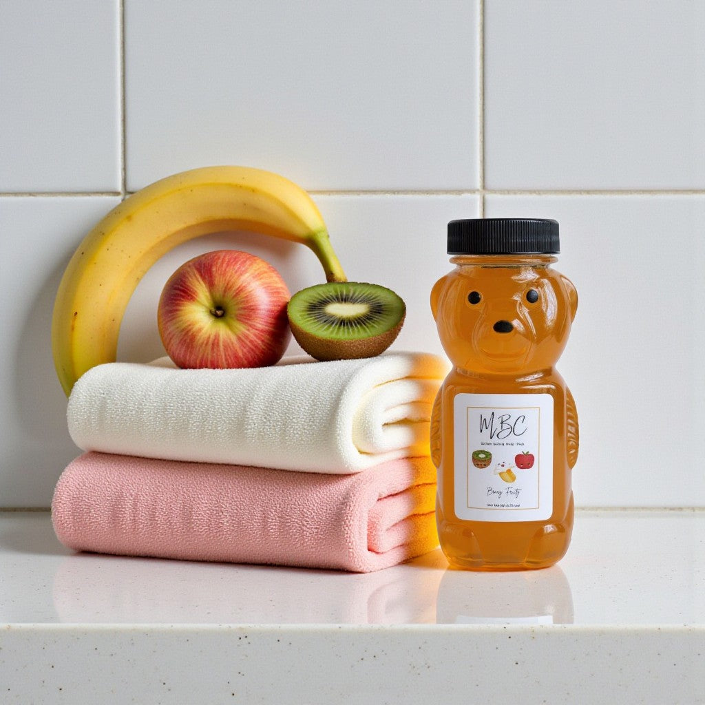 Honey bear bottle filled with tropical berry scented bubble bath, bananas, apple, and kiwi on a white surface with a tiled wall background